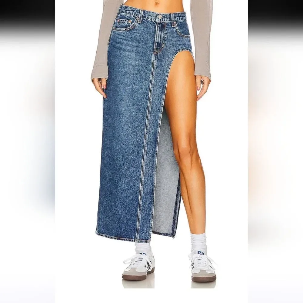 GRLFRND The Blanca Maxi Skirt W/High Slit Denim Jean Skirt Crissy Field Size 29